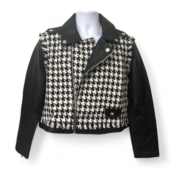 SONCY Houndstooth Frayed Edge and Faux Leather Moto Jacket, NEW! Size 0=12 - Picture 2 of 8